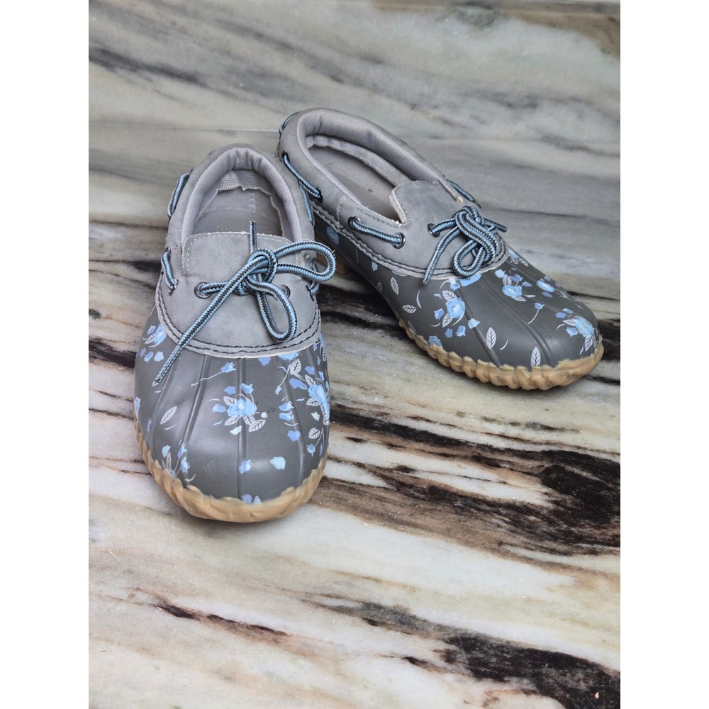 JBU by Jambu Gwen Garden Ready Grey Blue Floral Duck Shoes Rain Loafers Womens 6